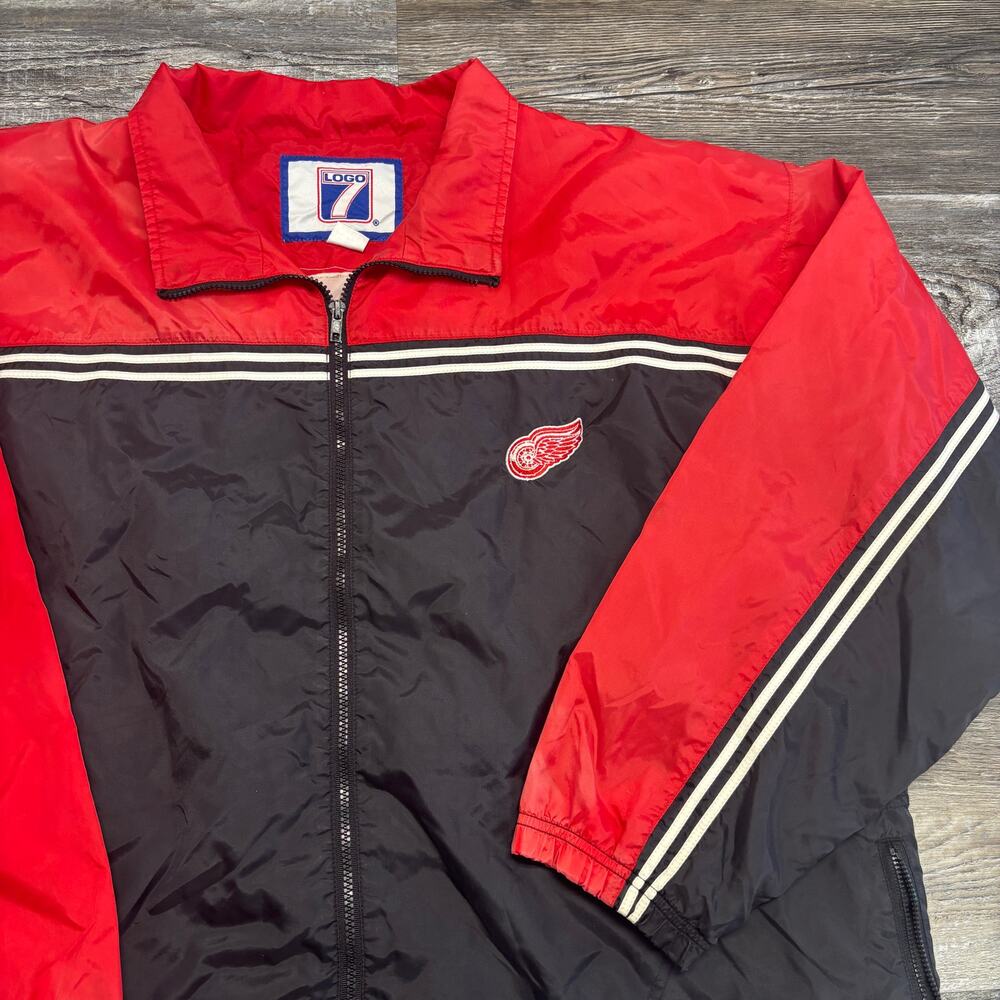 Vintage Detroit Red Wings NHL Logo 7 Black Red Mens XL Windbreaker Hockey Jacket